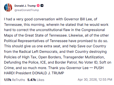 President Trump Expects Tennessee To Redraw Congressional Map&nbsp;