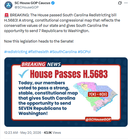 South Carolina House Passes Updated Congressional Map, Fate In State Senate Unclear&nbsp;&nbsp;