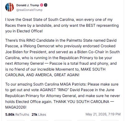 President Trump Calls Out David Pascoe As A Lifelong Democrat And Total Fraud In Warning To Republican Primary Voters&nbsp;&nbsp;