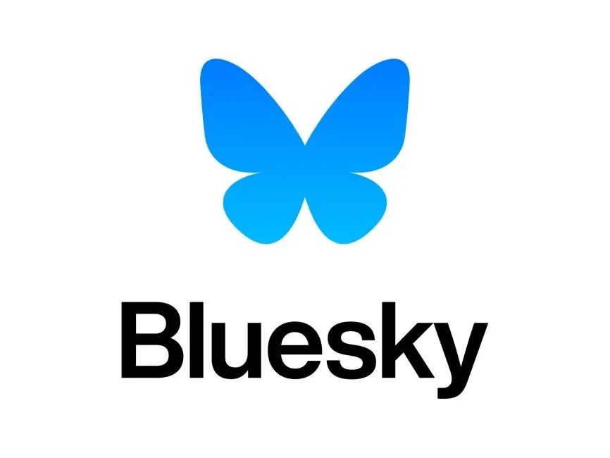 Bluesky logo featuring a blue butterfly graphic above the text "Bluesky" in black font.