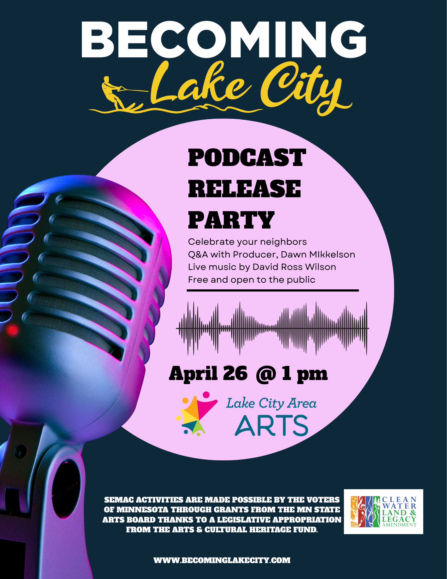 Poster announcing a podcast release party in Lake City, with details about live music, Q&A, date, time, location, and sponsors.