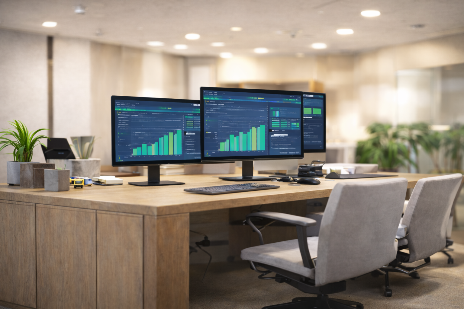 Office workspace with dual monitor setup displaying data graphs, potted plants, work supplies, and office chairs in a modern, well-lit room.