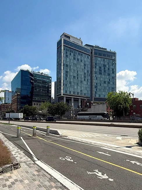 The Standard Hotel by Polshek Partnership, now known as Ennead Architects cantilevered over the High Line in New York City.