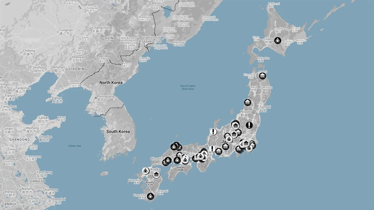 The map of Japan with locations for art and architecture across the country.