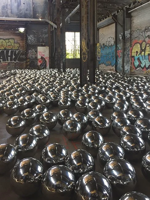 Yayoi Kusama sculpture Narcissus Garden at Fort Tilden in New York City.