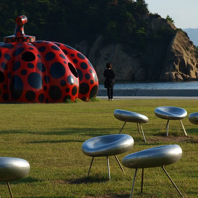 A sculpture by the artist Yayoi Kusama on Naoshima Island.