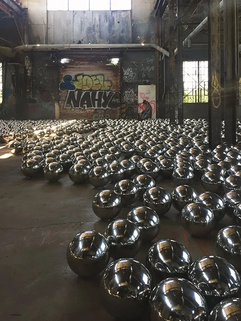 Yayoi Kusama sculpture Narcissus Garden at Fort Tilden in New York City.