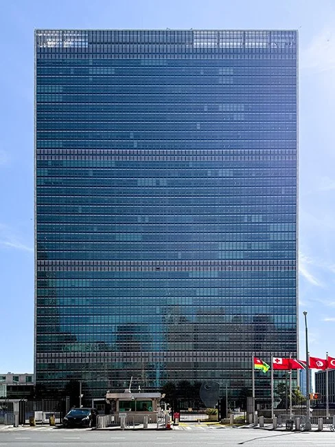 The United Nations Headquarters by Wallace Harrison in New York City.