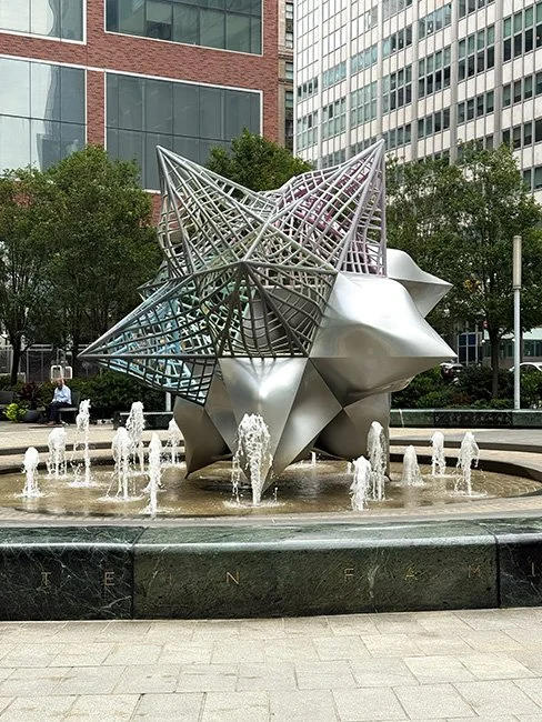 The sculpture Jasper's Spit Star by artist Frank Stella in New York City.
