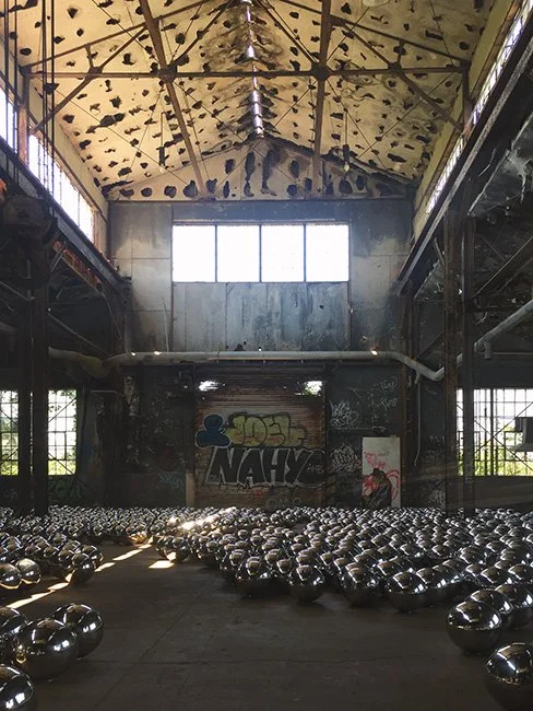 Yayoi Kusama sculpture Narcissus Garden at Fort Tilden in New York City.