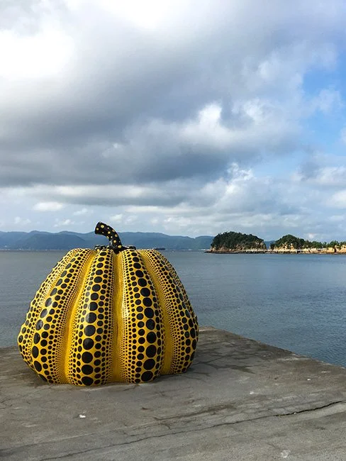 A sculpture by the artist Yayoi Kusama on Naoshima Island.