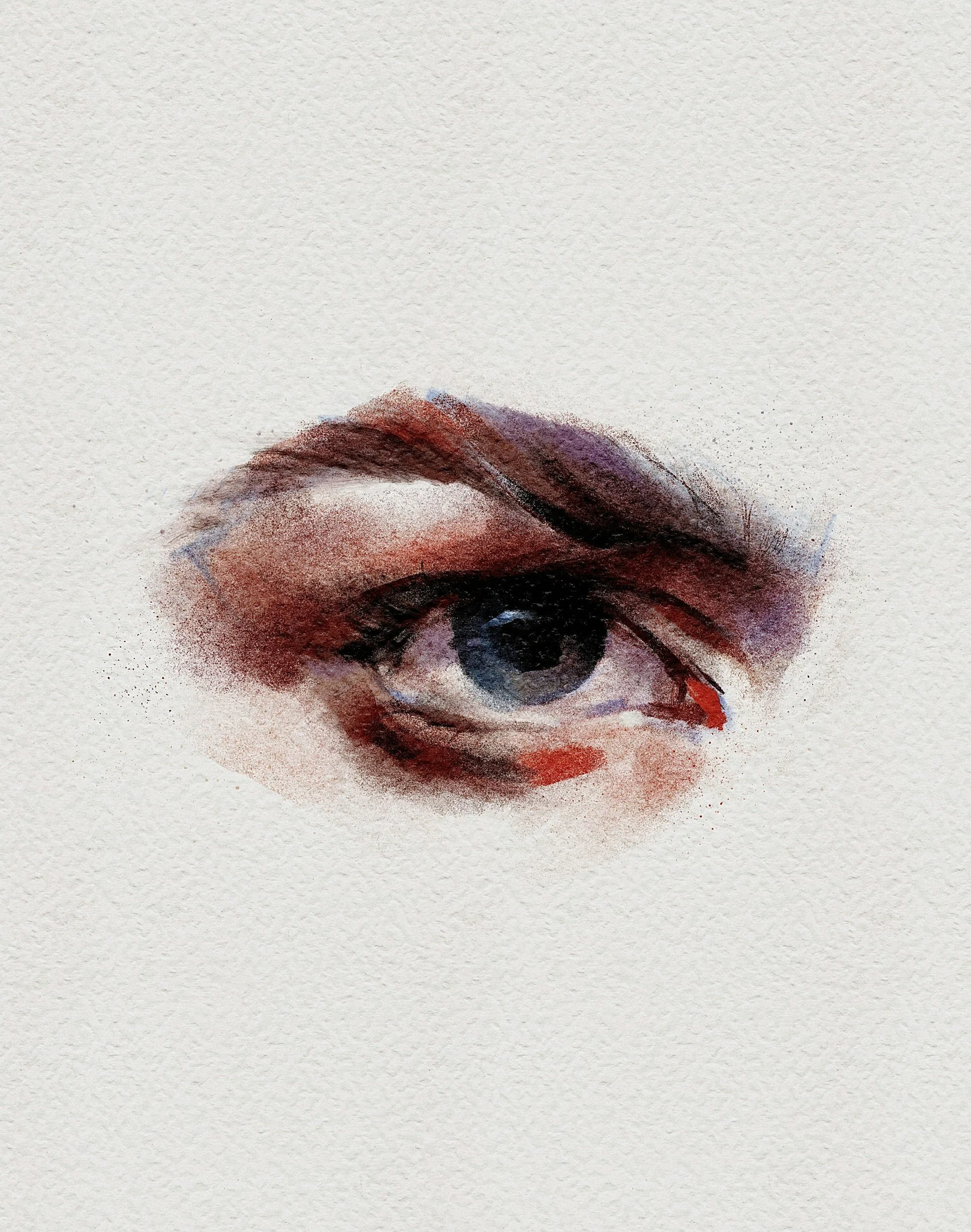 Watercolor painting of a human eye with detailed eyelashes and eyebrow, in shades of black, gray, and red.
