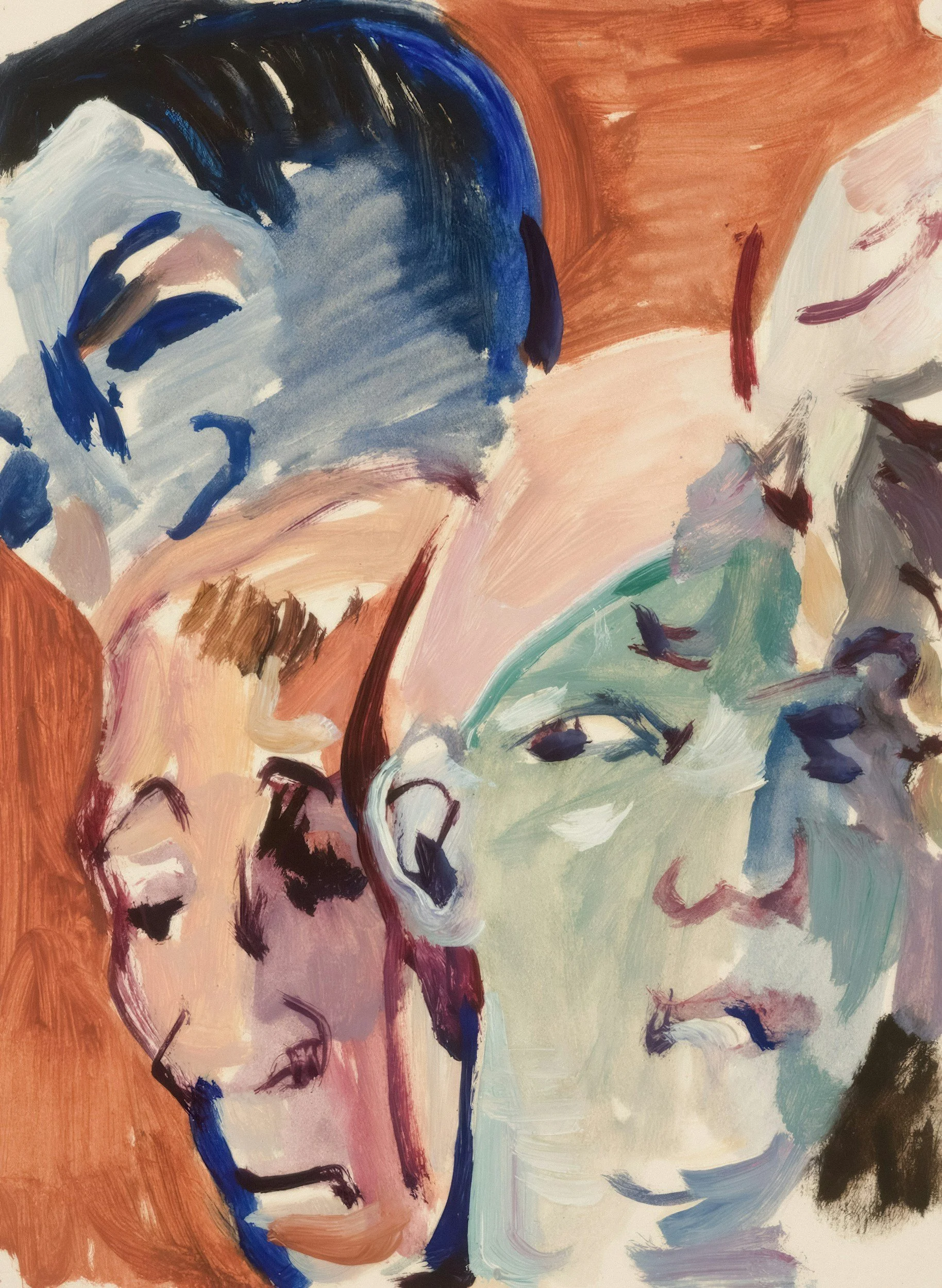 Abstract portrait of two faces, painted with expressive brushstrokes in shades of blue, green, pink, beige, black, and brown.