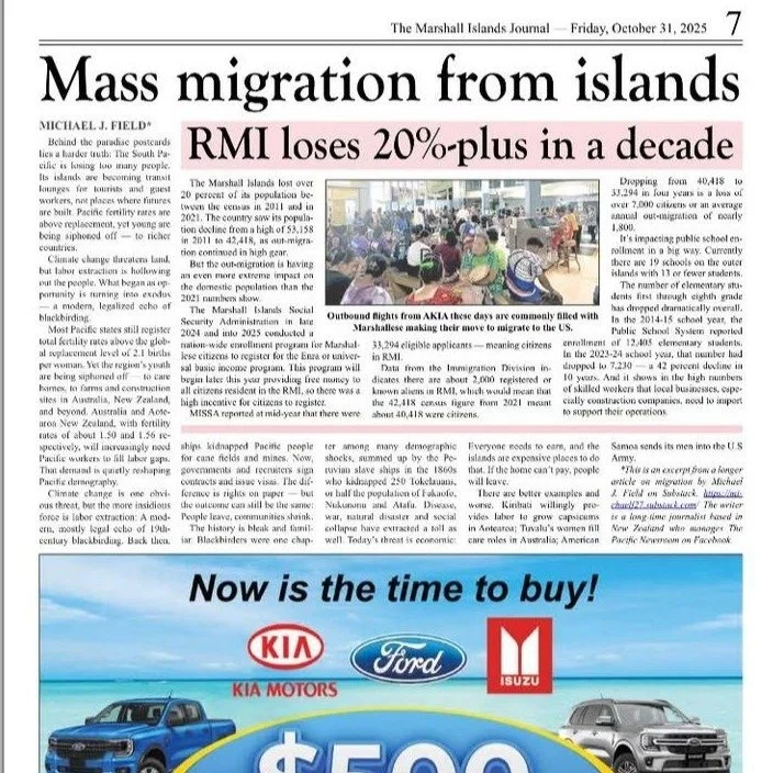 Mass Migration from the Islands: The 50/50 Tipping Point?

The latest Marshall Islands Journal reports that the RMI has lost over 20% of its population in just one decade, a staggering figure that brings us closer to the &ldquo;Approaching 50/50&rdqu