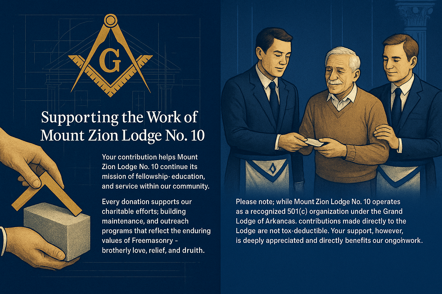 Image of people giving donations, with the square, compasses and rough ashlar