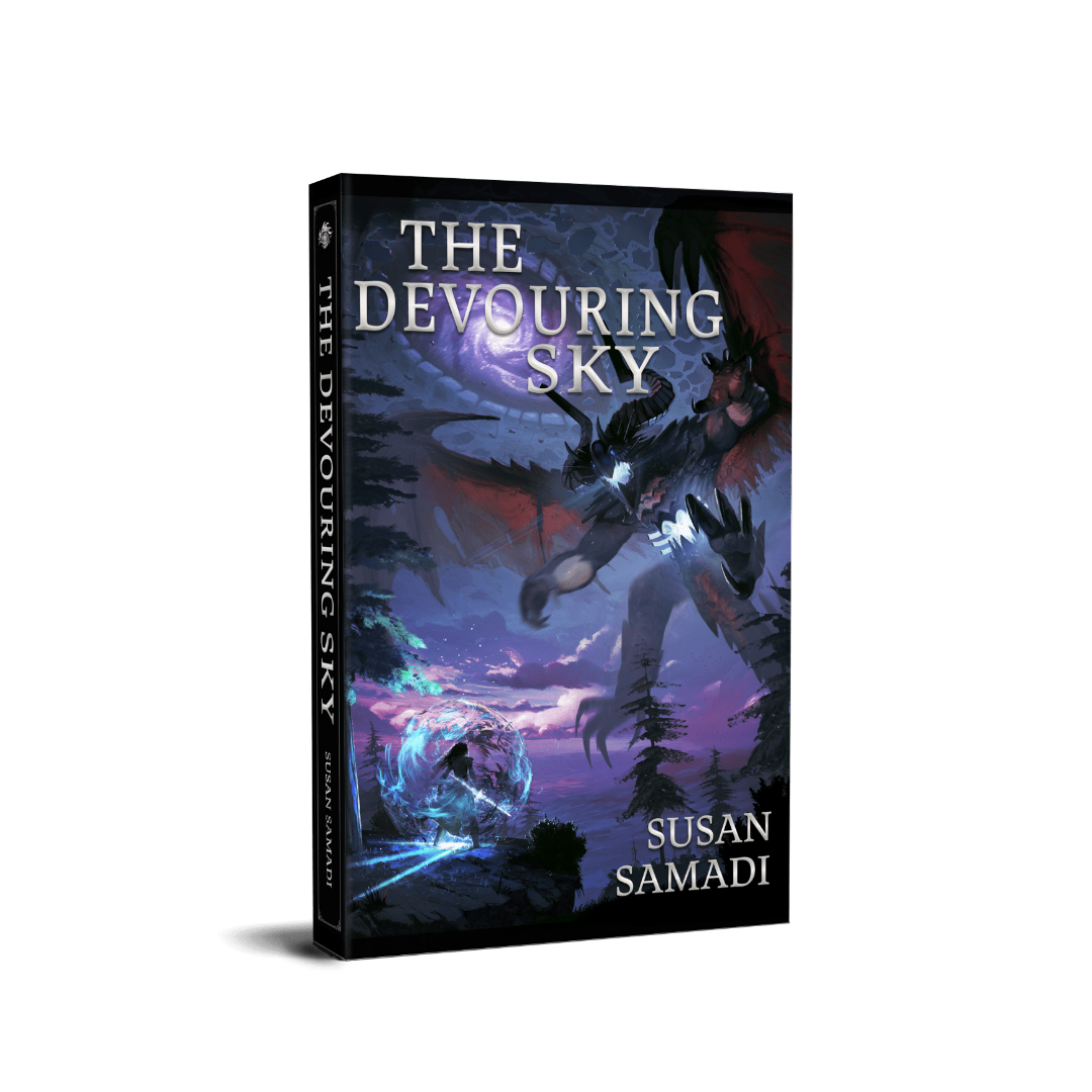 Book cover for 'The Devouring Sky' by Susan Samadi featuring a dragon, the dragon god's eye in the sky, and the a female twilightweaver holding a magical sword.