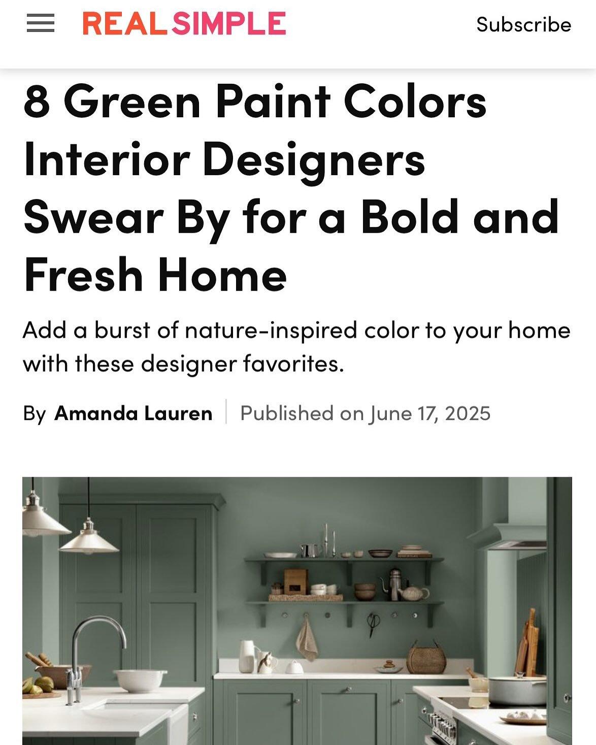Honored to be featured in @real_simple with a fave green paint pick. Long time subscriber so pretty excited about seeing our firm&rsquo;s name in one of their articles! Thanks @itsamandalauren for including us! 
#greenpaint #realsimplemagazine #farro