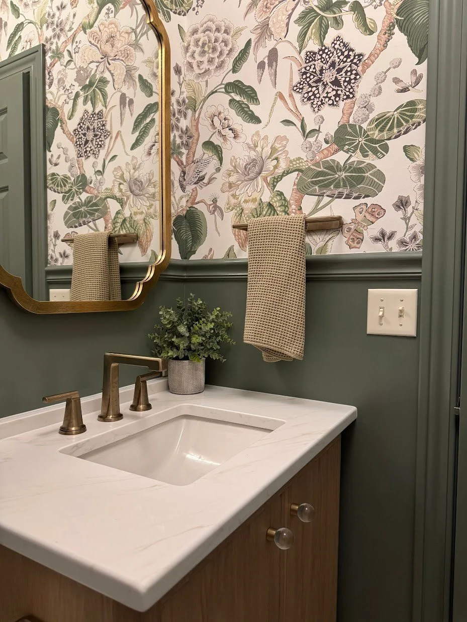 Every detail matters. We loved seeing this powder room transformation come to life from the very first set of selections! 🌸

#PowderRoomRefresh #WallpaperGoals #TrimMolding #BrassAccents #LuxuryDesign #MidwestDesigner #MapleAndWhiteDesign
