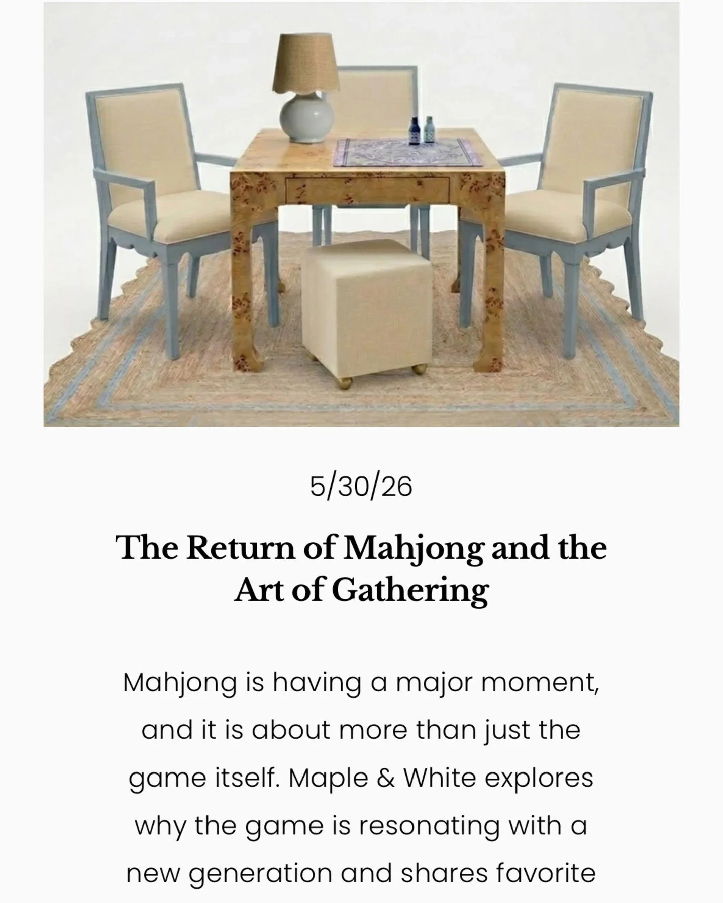 Have you joined the mahjong movement yet? Click the &ldquo;Journal&rdquo; link in our bio to read more about how interior design meets rituals in all the best ways! 🀄️ Or sign up to learn with @mahjthedayaway 

#mahjongmovement #modernmahjong #desig