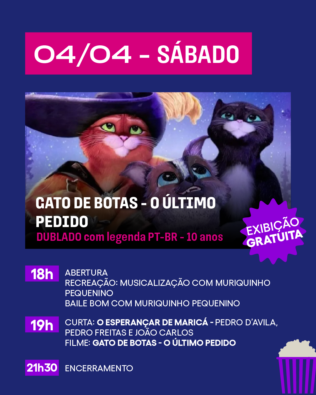 Cartaz promocional de eventos culturais e de cinema, com informações de data, horário, atividades e filme. Fundo azul escuro com detalhes em rosa e roxo, destaque para o filme "Ruby Marinho - Monstro Adolescente" com uma imagem de personagem animada com cabelo azul, óculos e ouvindo fones de ouvido, ao lado de outros personagens. Informações de atividades infantis às 18h, uma curta-metragem às 19h e encerramento às 21h30, com uma estampa de pipoca na esquina inferior direita.