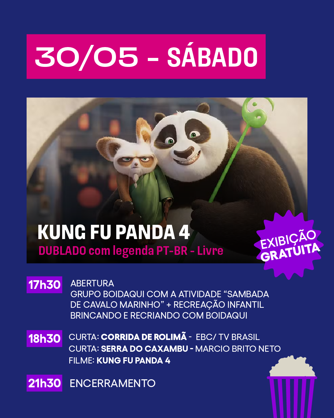 Texto informando que a programação é totalmente gratuita e que não é necessário retirar ingresso, com uma ilustração de uma pipoca e um bilhete.