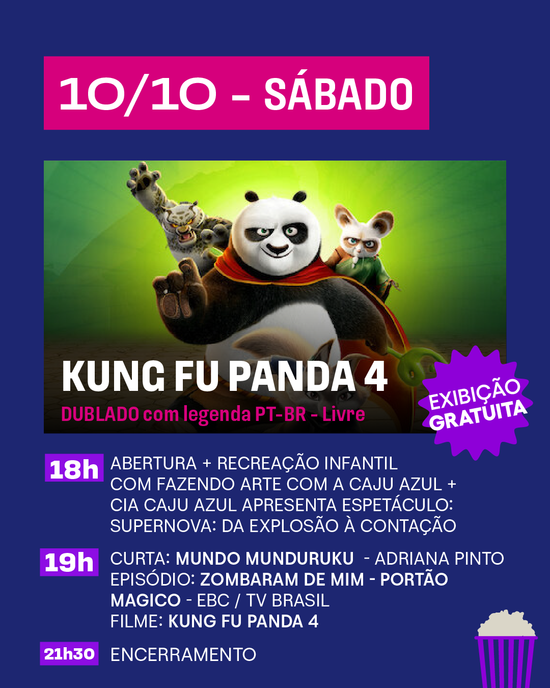 Cartaz promocional de eventos culturais e de cinema, com informações de data, horário, atividades e filme. Fundo azul escuro com detalhes em rosa e roxo, destaque para o filme "Ruby Marinho - Monstro Adolescente" com uma imagem de personagem animada com cabelo azul, óculos e ouvindo fones de ouvido, ao lado de outros personagens. Informações de atividades infantis às 18h, uma curta-metragem às 19h e encerramento às 21h30, com uma estampa de pipoca na esquina inferior direita.