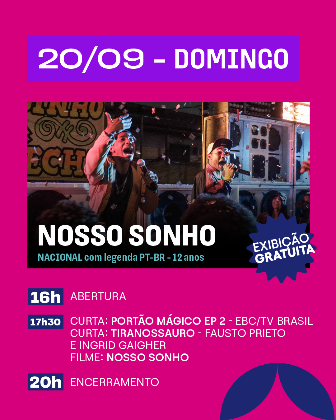 Cartaz de evento cultural anunciando cinema inflável, com fundo rosa e elementos gráficos de filmes, pipoca e bebida, promovido pelo Ministério da Cultura e Nubank.