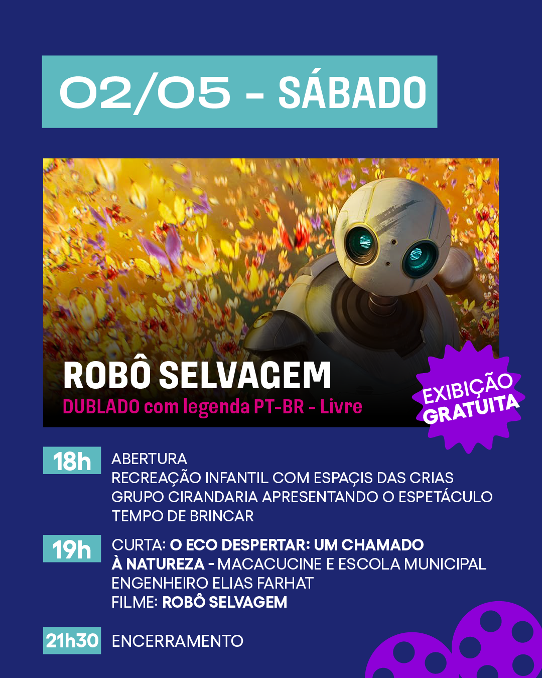 Cartaz promocional de eventos culturais e de cinema, com informações de data, horário, atividades e filme. Fundo azul escuro com detalhes em rosa e roxo, destaque para o filme "Ruby Marinho - Monstro Adolescente" com uma imagem de personagem animada com cabelo azul, óculos e ouvindo fones de ouvido, ao lado de outros personagens. Informações de atividades infantis às 18h, uma curta-metragem às 19h e encerramento às 21h30, com uma estampa de pipoca na esquina inferior direita.