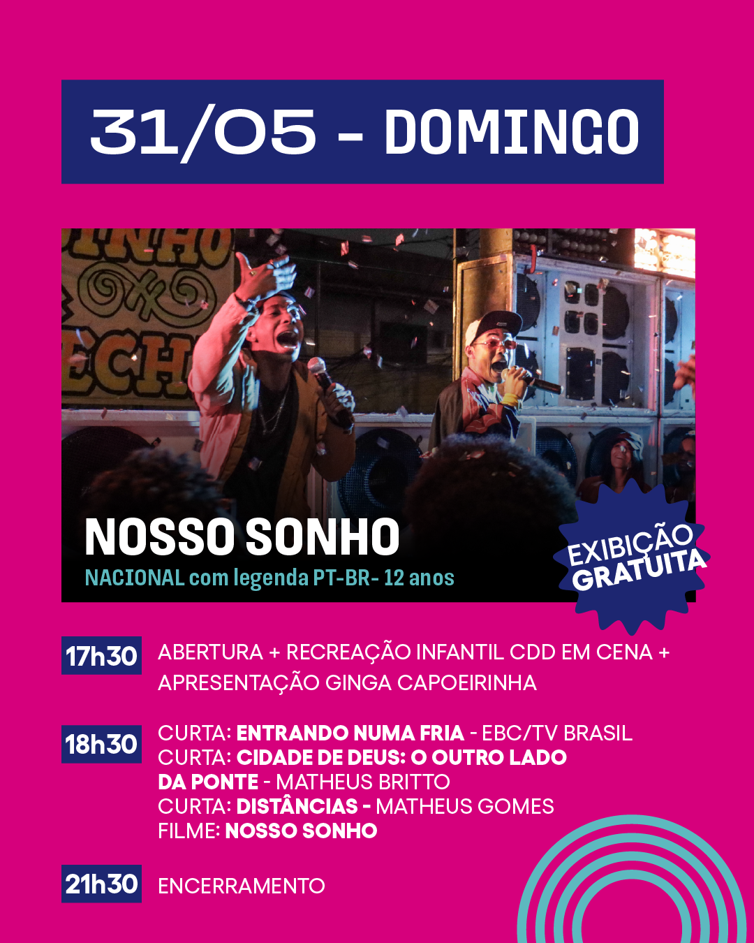 Cartaz de evento cultural anunciando cinema inflável, com fundo rosa e elementos gráficos de filmes, pipoca e bebida, promovido pelo Ministério da Cultura e Nubank.