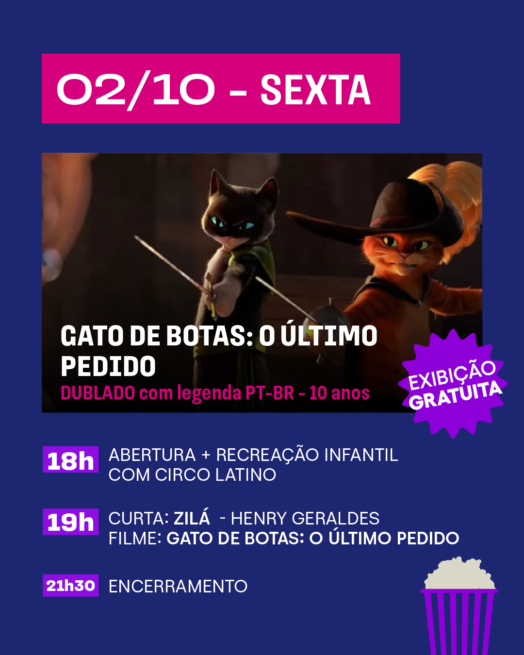 Cartaz promocional de eventos culturais e de cinema, com informações de data, horário, atividades e filme. Fundo azul escuro com detalhes em rosa e roxo, destaque para o filme "Ruby Marinho - Monstro Adolescente" com uma imagem de personagem animada com cabelo azul, óculos e ouvindo fones de ouvido, ao lado de outros personagens. Informações de atividades infantis às 18h, uma curta-metragem às 19h e encerramento às 21h30, com uma estampa de pipoca na esquina inferior direita.