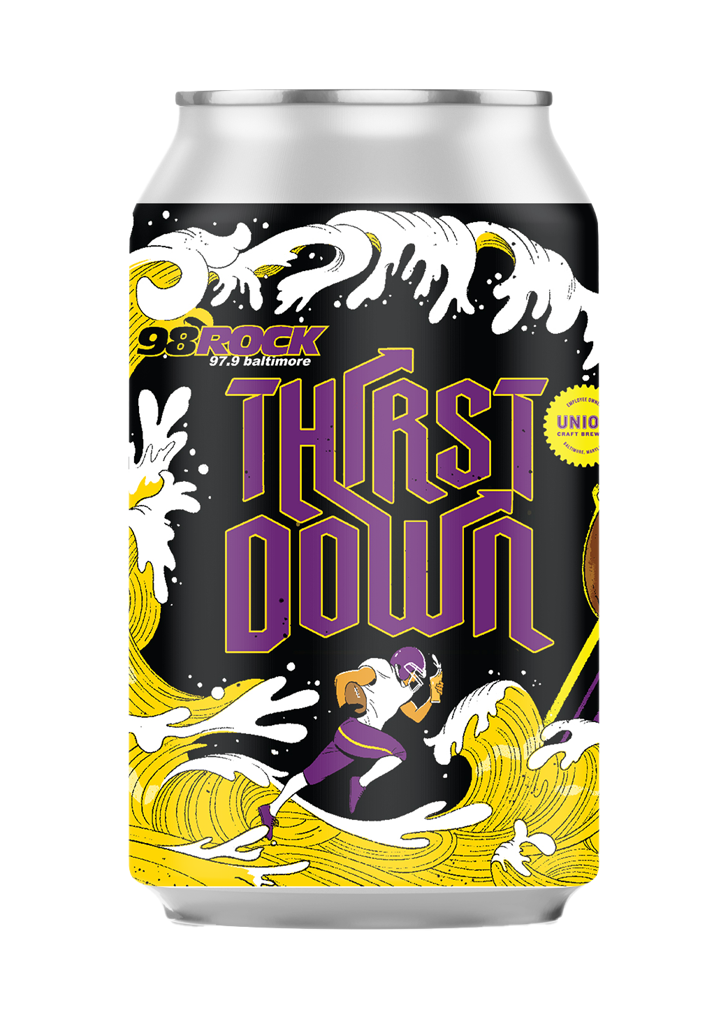 A black aluminum can with purple and yellow text and graphics, featuring a cartoon football player running through large yellow waves, with the words 'THIRST DOWN' in bold purple letters.