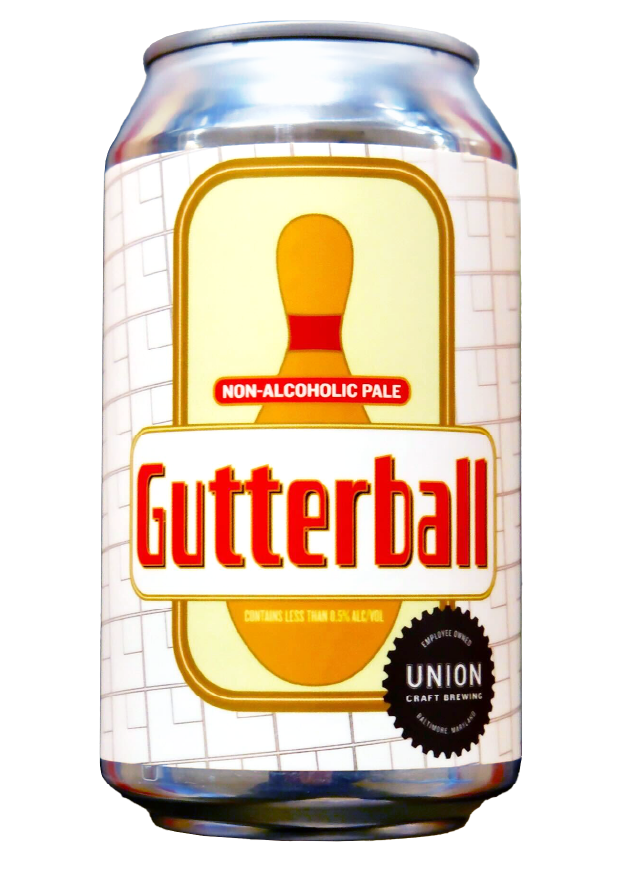 A can of non-alcoholic pale Gutterball beer by Union Craft Brewing, featuring a bowling pin on the label.
