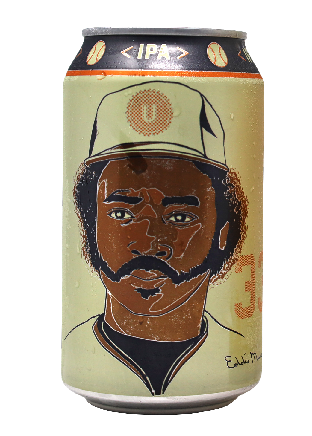 A can featuring an illustration of Eddie Murray featuring his iconic mustache, and mutton chops.. He's wearing a cap with a circular logo. The can is labeled with "IPA" at the top.
