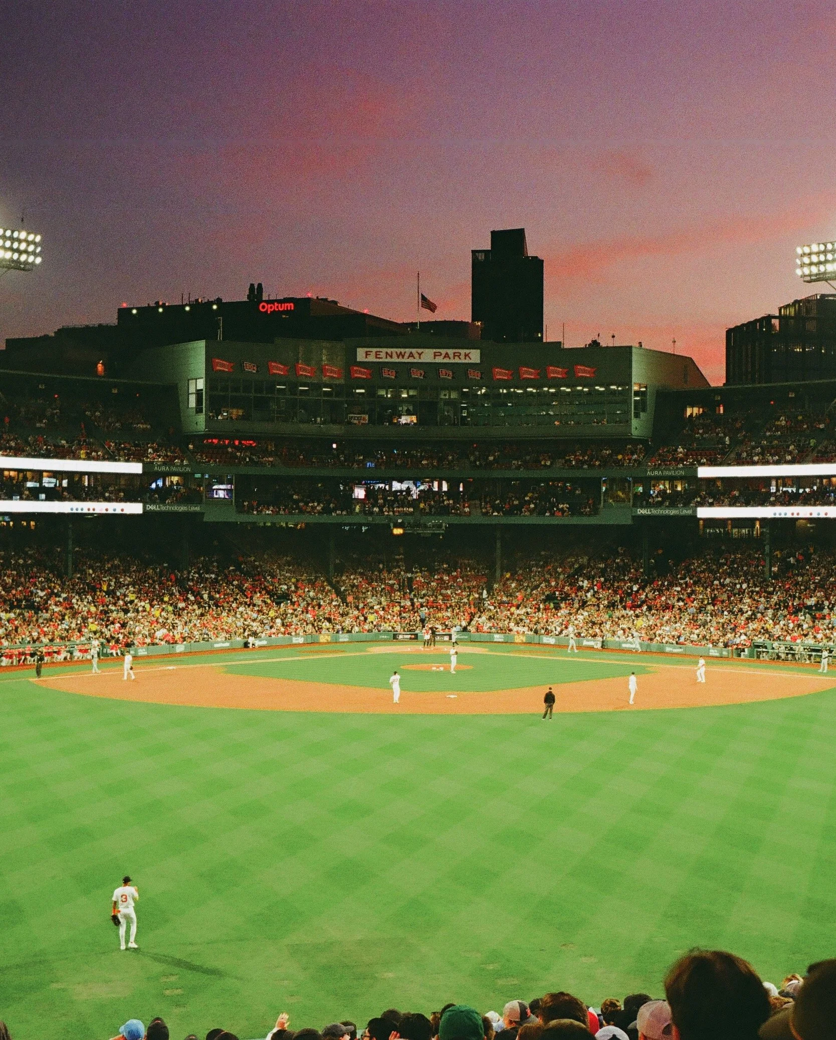 Fenway Park at sunset from the outfield. New York Yankees vs. Boston Red Sox. 