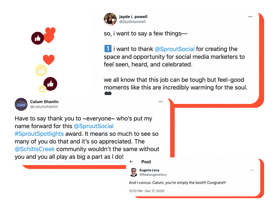 Social media awards program reactions featuring Eugene Levy, Jayde Powell and Calum Shanlin from Schitt's Creek.