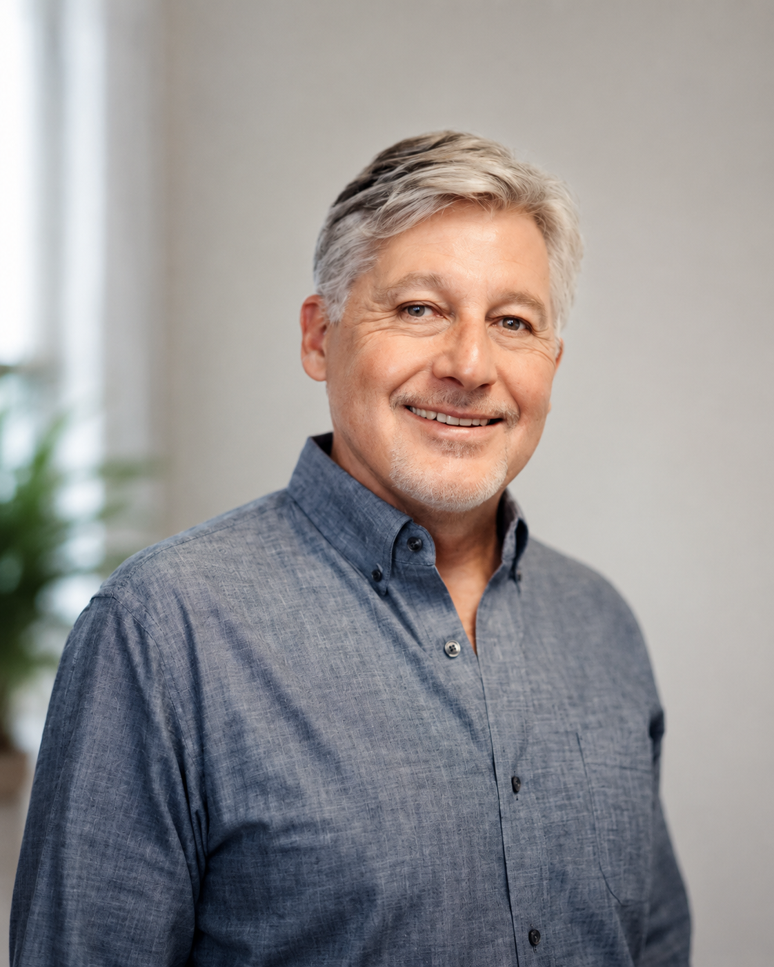 A middle-aged man with gray hair and a light beard smiling, wearing a gray button-up shirt, standing against a plain light-colored wall.
