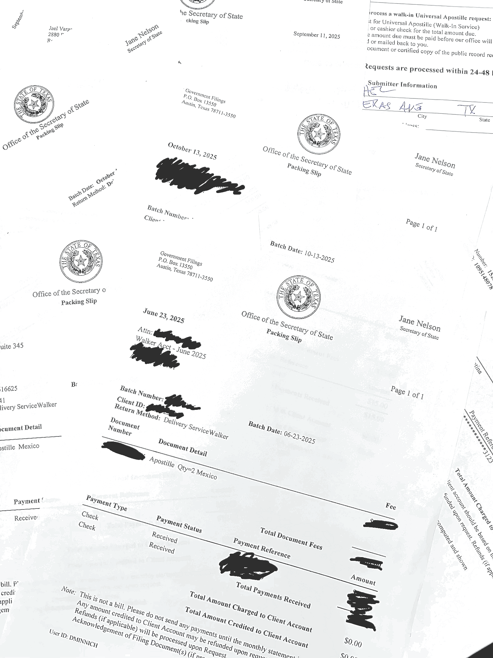 Collection of official Texas state government documents, including packing slips and filing forms, with dates ranging from June to October 2025, featuring various stamps, signatures, and redacted information.