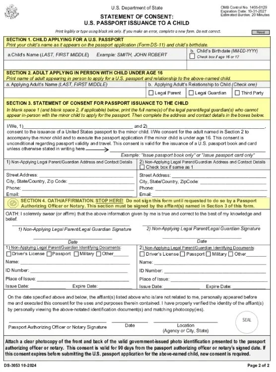 U.S. Department of State form titled 'Statement of Consent: U.S. Passport Issuance to a Child.'