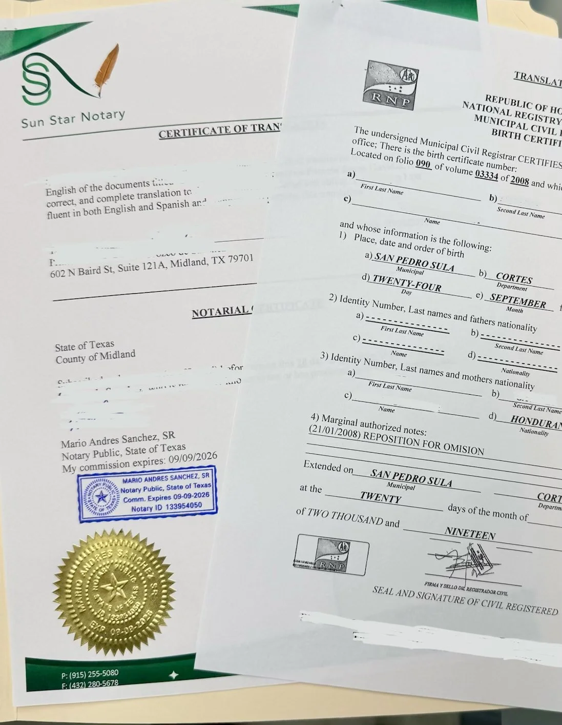 Two official documents: one is a notary public certificate, the other is a civil registry birth certificate. The notarization includes a gold seal and a blue stamp, both indicating it is issued by a Texas notary, with contact information at the bottom. The birth certificate contains details such as place of birth, date, names, and signatures.