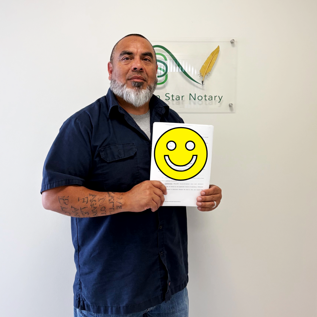 Man with tattoos on his left arm holding a document with a large yellow smiley face sticker, standing in front of a logo that says 'Star Notary' with a feather pen symbol.