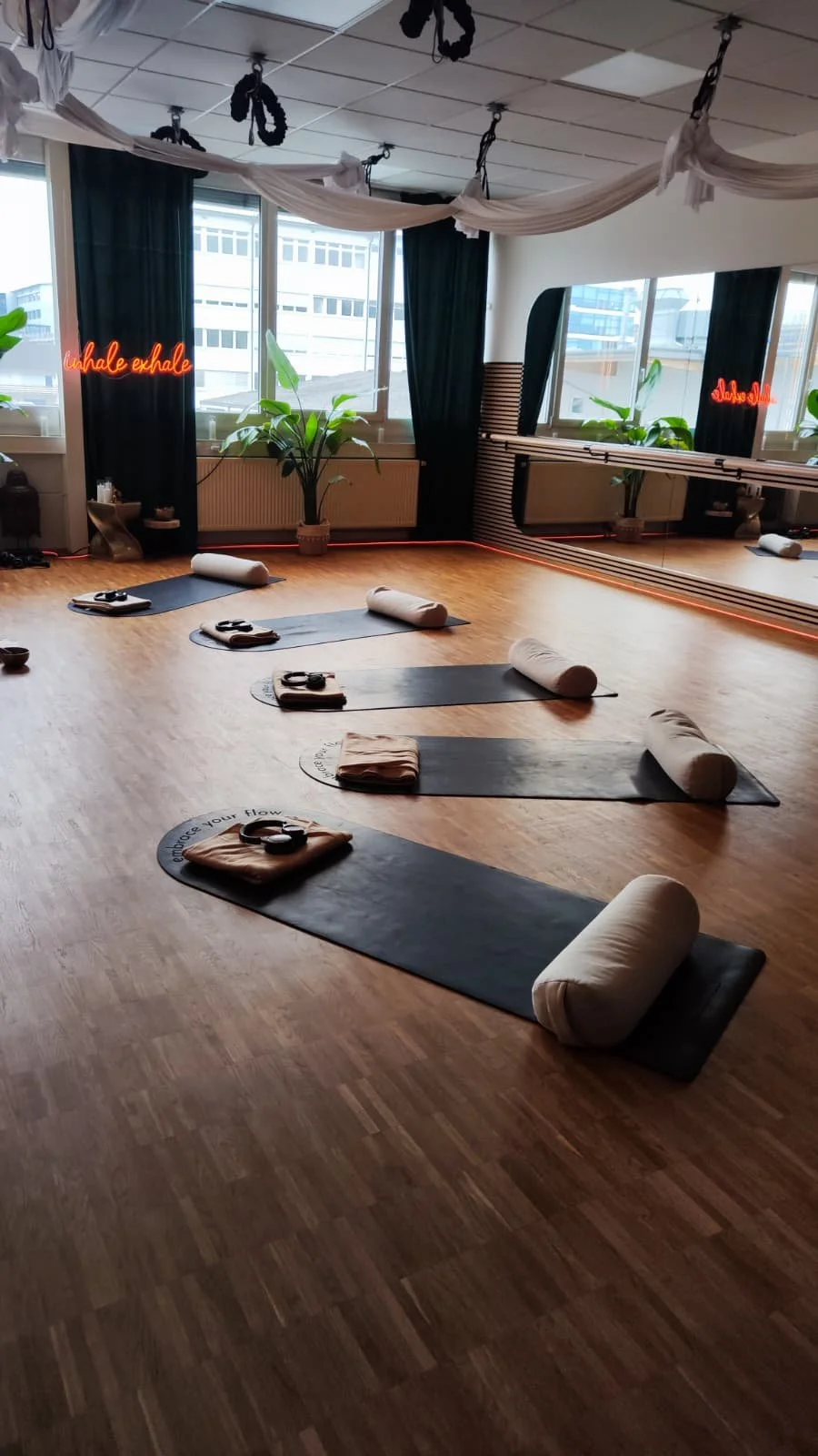 Ein Yoga- oder Pilatesraum mit Matten, Bolster, Handtüchern und Gürteln, große Fenster, Pflanzen und Spiegel an der Wand.