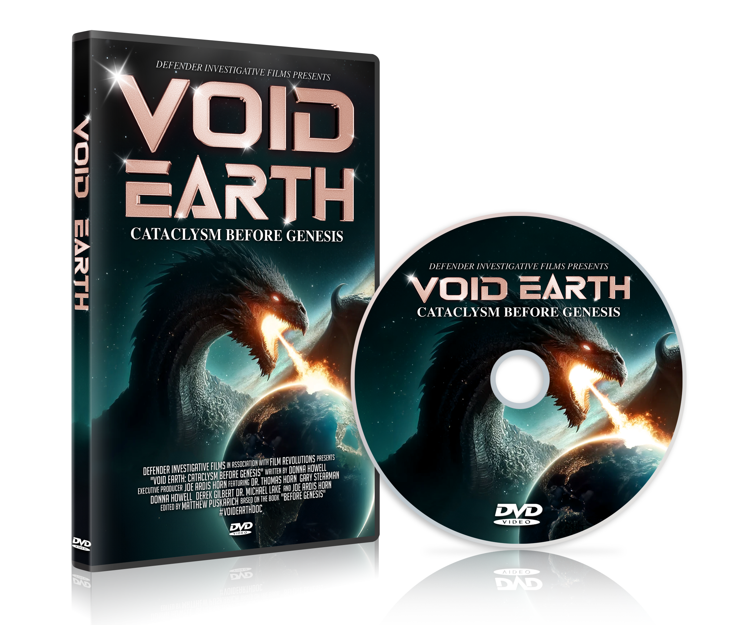DVD case and disc for the documentary titled "Void Earth: Cataclysm Before Genesis," featuring an alien-like creature with glowing eyes and a fiery breath, set against a space background.