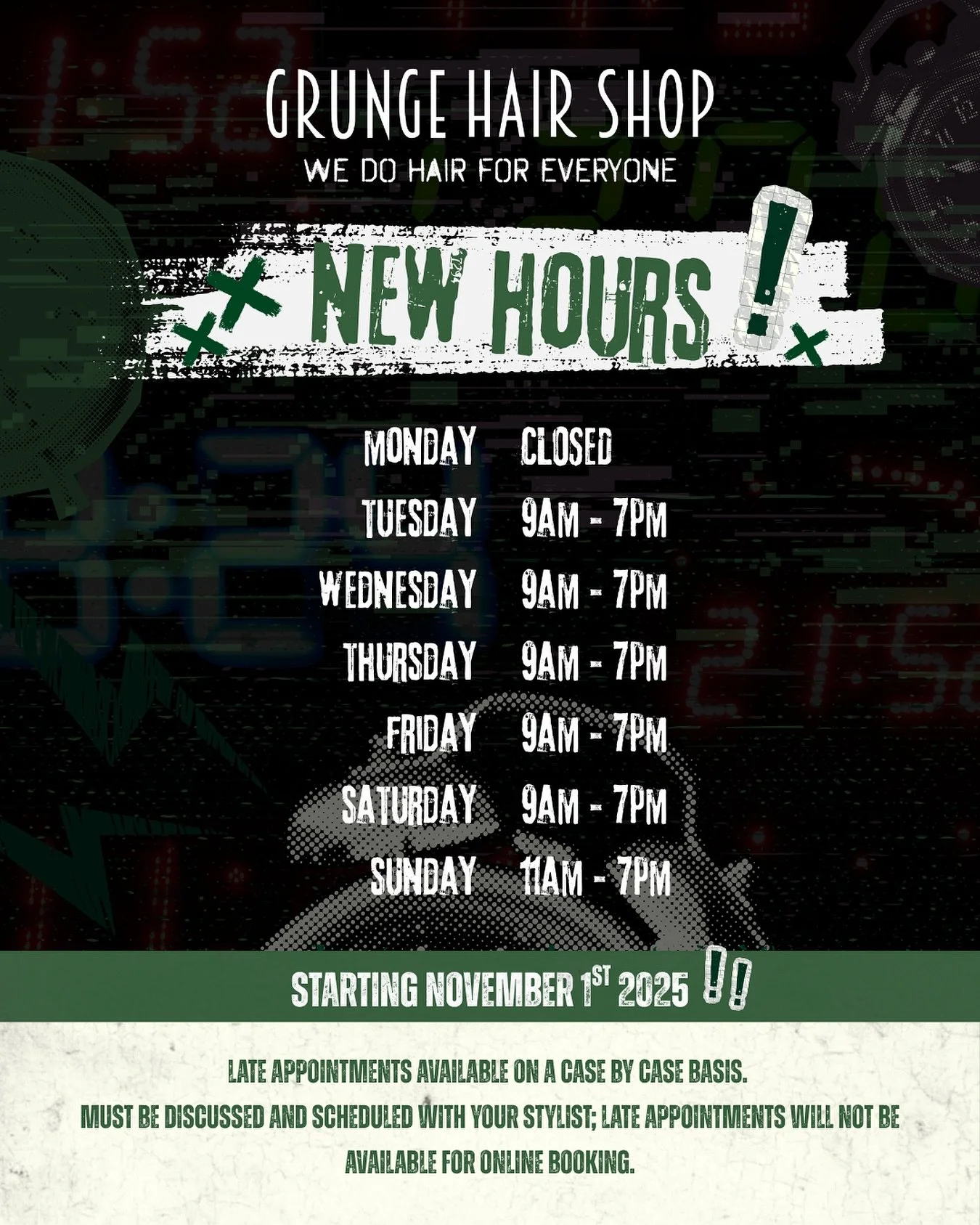 HAPPY HALLOWEEN GRUNGY FRIENDS!! 🎃 Just a reminder that Grunge Hair Shop will be giving our hours a refresh starting tomorrow!!

We will now be open 9am-7pm tuesday through Saturday and 11am-7pm on Sunday! 

Please note, late appointments are availa