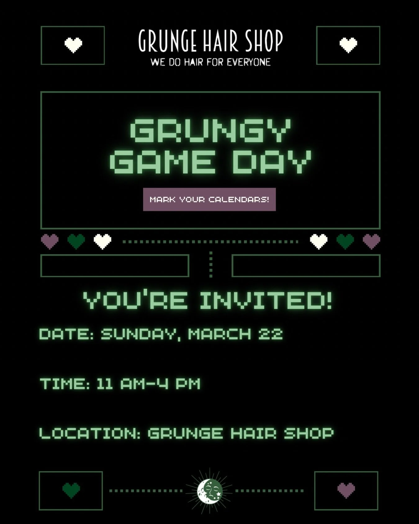Game on! 🎮🖤 Join us at Grunge Hair Shop in Spring, TX for Grungy Game Day on Sunday, March 22 from 11 AM -4 PM.. We&rsquo;ll have good vibes all around! Bring a game, bring a friend, or just bring yourself.

📍 2400 Farm to Market 2920 Suite 140, S