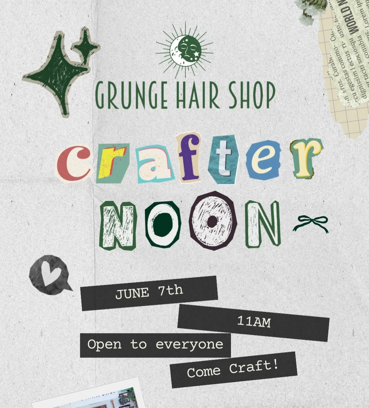 Join us for our very first Crafter-Noon on June 7th! Enjoy a day of arts and craft projects at Grunge with the  community! 💚🎨 Crafter-Noon starts at 11AM and will be $20 per person. All proceeds will be going towards Grunge&rsquo;s expansion so we 
