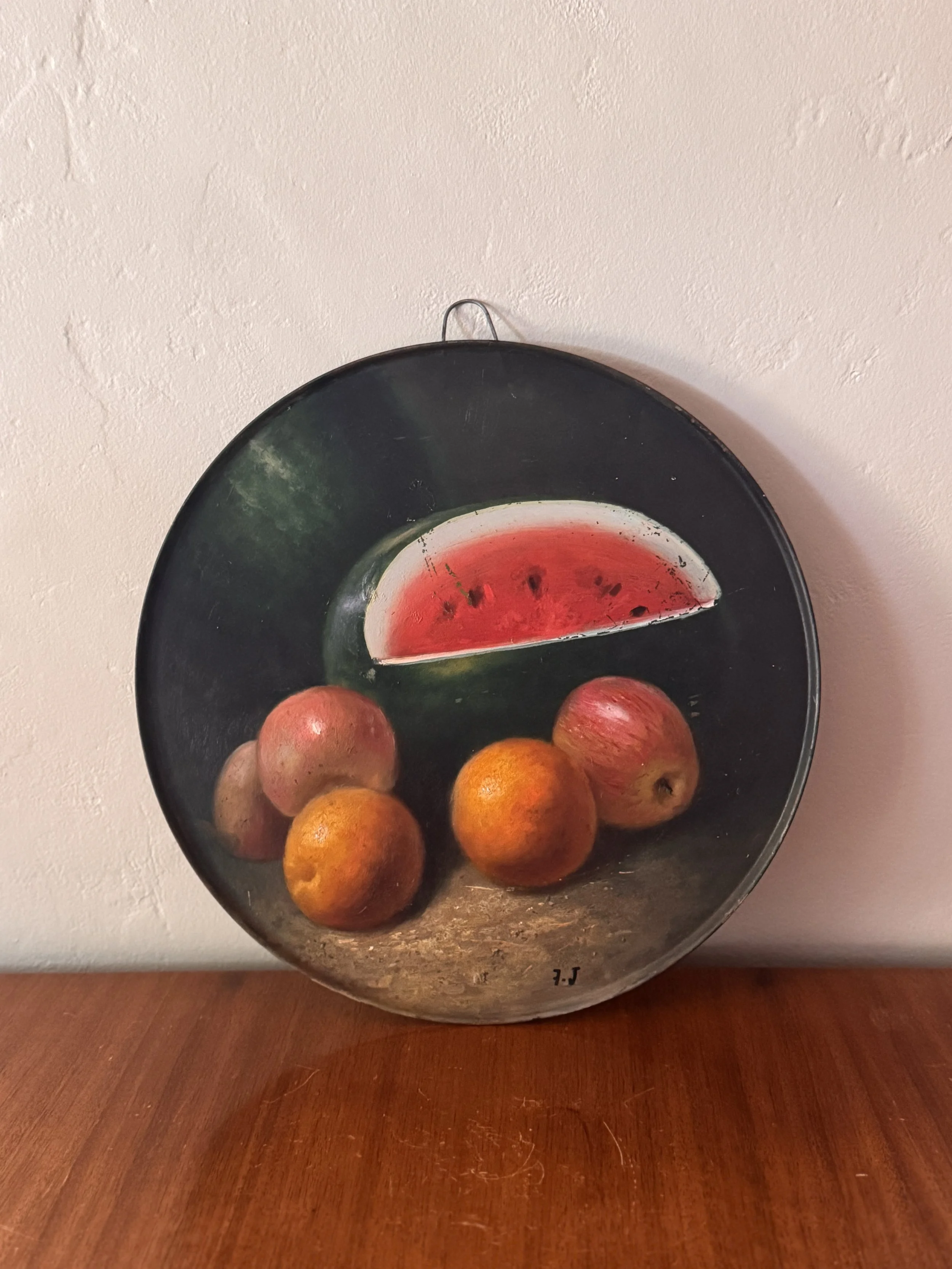 Hand-Painted Fruit Still Life on Curved Metal Panel, Folk Art, Mid-20th Century
