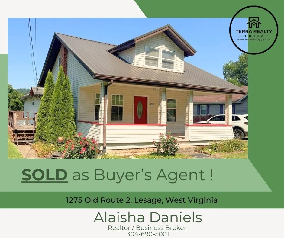 A sold sign over a house with white siding, a red door, a small front porch, three tall evergreen trees, and a car parked in the driveway, marked by Terra Realty Group in West Virginia.