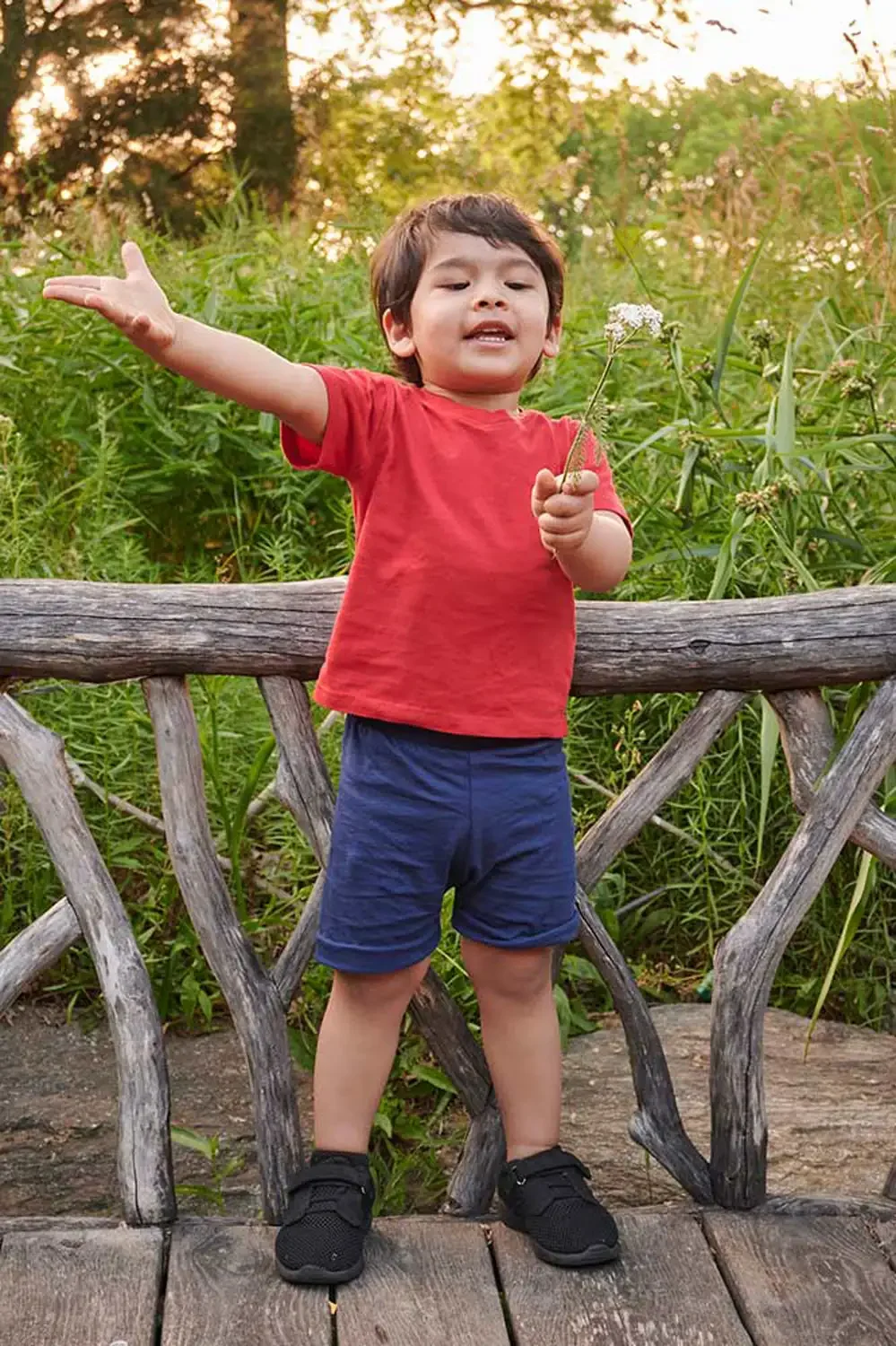 Family photograph of a  young boy in a red t-shirt and blue shorts standing on a wooden bridge with a rustic railing, gesturing outward with one arm, holding a flower in the other hand.