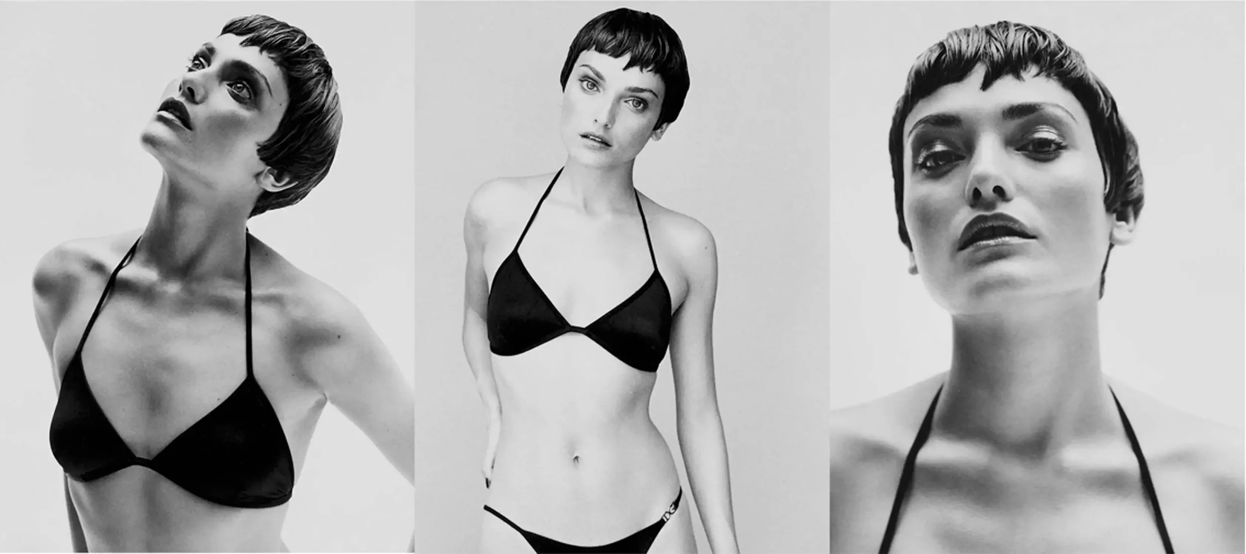 Black-and-white photo collage fashion spread.