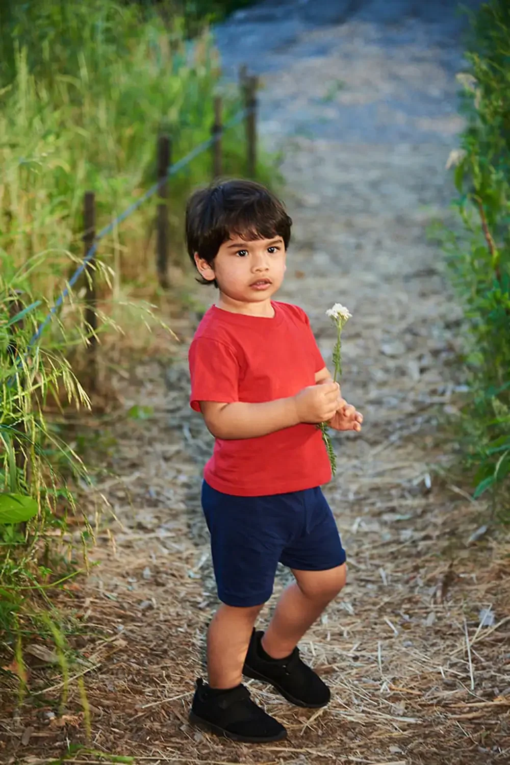 A young boy in a red t-shirt and dark shorts standing on a dirt path, holding a single white flower, surrounded by green vegetation.